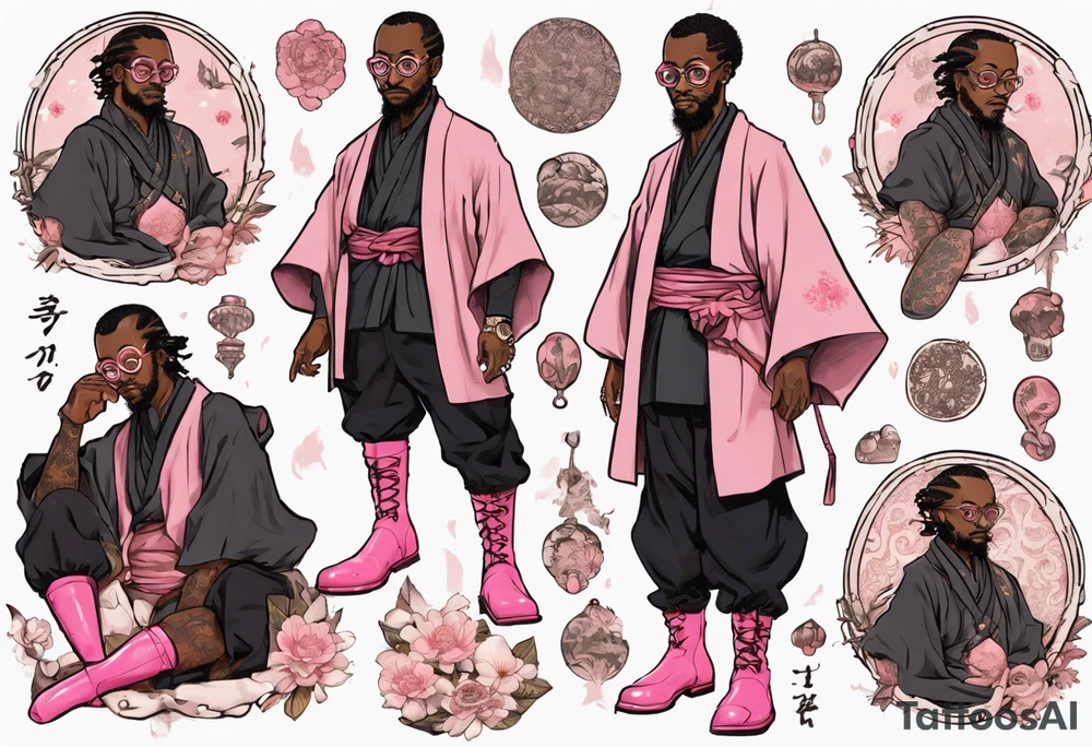 a medieval black man wearing round glasses, wearing pink boots, wearing a black tunic tattoo idea