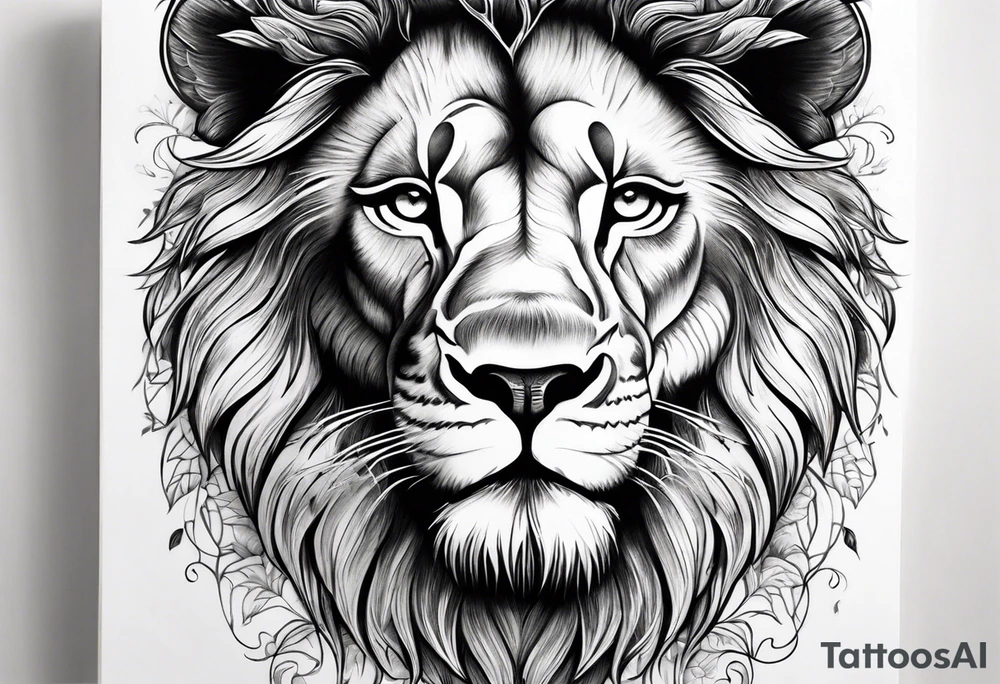 Lion tattoo with blue eyes, Orange tree of life with a stream leading to waterfall tattoo idea