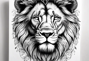 Lion tattoo with blue eyes, Orange tree of life with a stream leading to waterfall tattoo idea