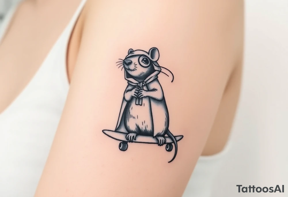 Old rat with a cloak and monocle leaning on a skateboard tattoo idea