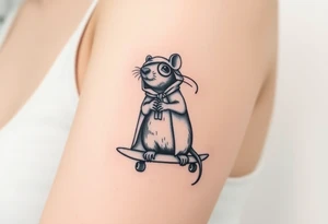 Old rat with a cloak and monocle leaning on a skateboard tattoo idea