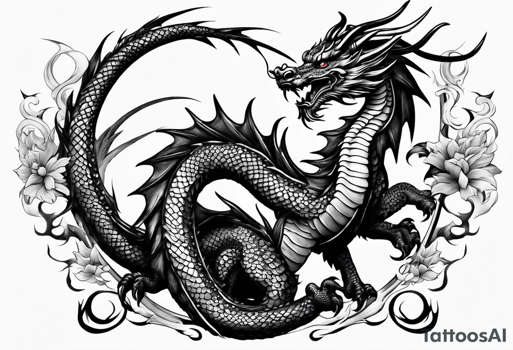 Brushstroke oriental dragon with wrapped around a sword tattoo idea Brushstroke oriental dragon with wrapped around a sword tattoo idea
