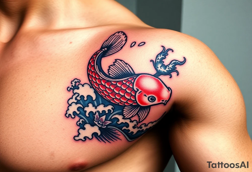 traditional koi fish swimming upstream through turbulent waves tattoo idea