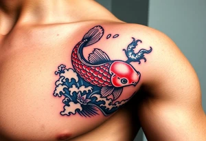 traditional koi fish swimming upstream through turbulent waves tattoo idea