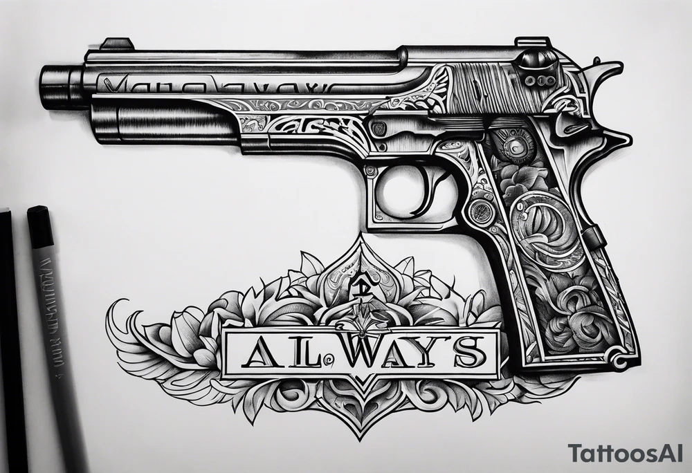 The letters AR with a pistol on each side and the word always on the top and ready on the bottom tattoo idea