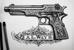 The letters AR with a pistol on each side and the word always on the top and ready on the bottom tattoo idea