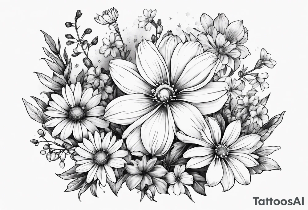 Honeysuckle, daisys,cosmos,and snowdrop sleeve tattoo idea