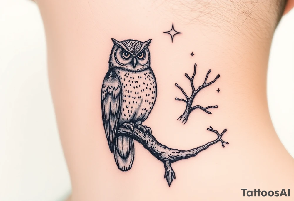 wise owl perched on ancient oak branch under starlit sky tattoo idea