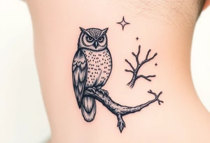 wise owl perched on ancient oak branch under starlit sky tattoo idea