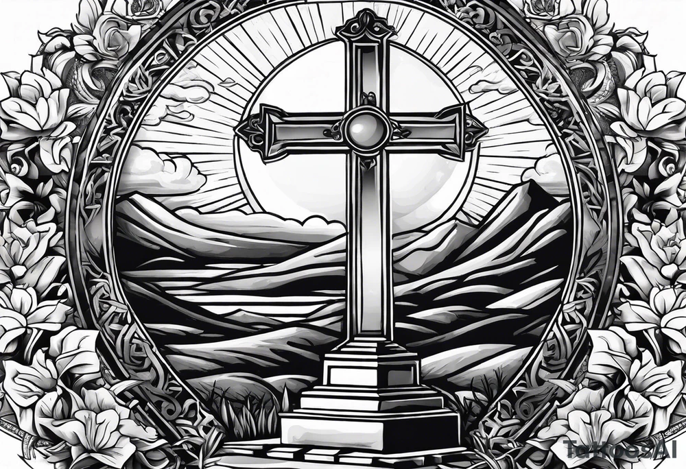 Tomb with cross and sun in the background tattoo idea