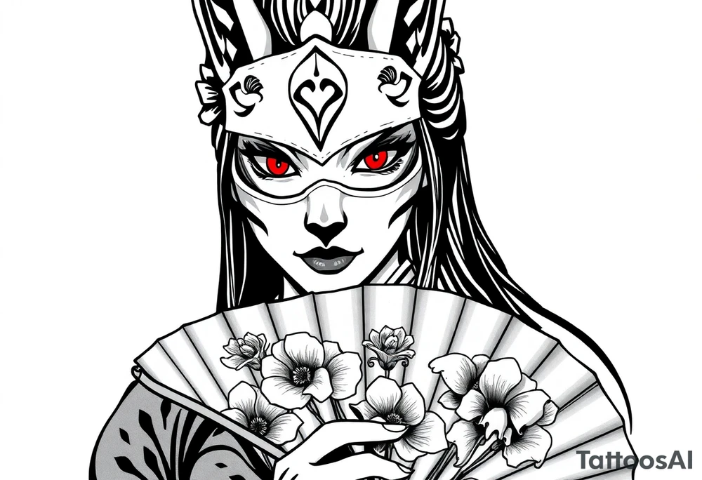 japanese samurai woman with red eyes wearing a kitsune half-mask and holding a fan with irises flowers ornement tattoo idea