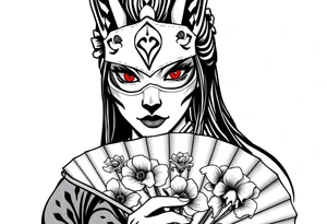 japanese samurai woman with red eyes wearing a kitsune half-mask and holding a fan with irises flowers ornement tattoo idea