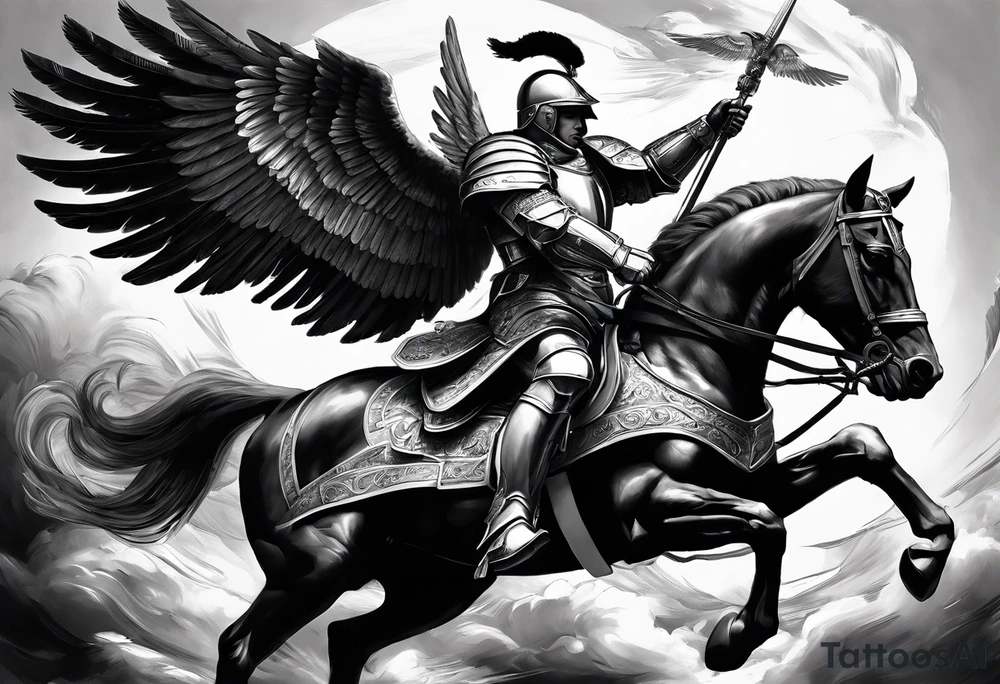 **Main Theme**: A Hussar on horseback in full armor, dynamically portrayed in the middle of a charge. The Hussar's wings are clearly visible, adding dynamics to the composition.
   - Archangel Michael positioned in the background, with a raised sword ready for battle, armed with a shield.
   - The Hussar is holding a banner showcasing the White Eagle.
   - Elements of the Arch tattoo idea