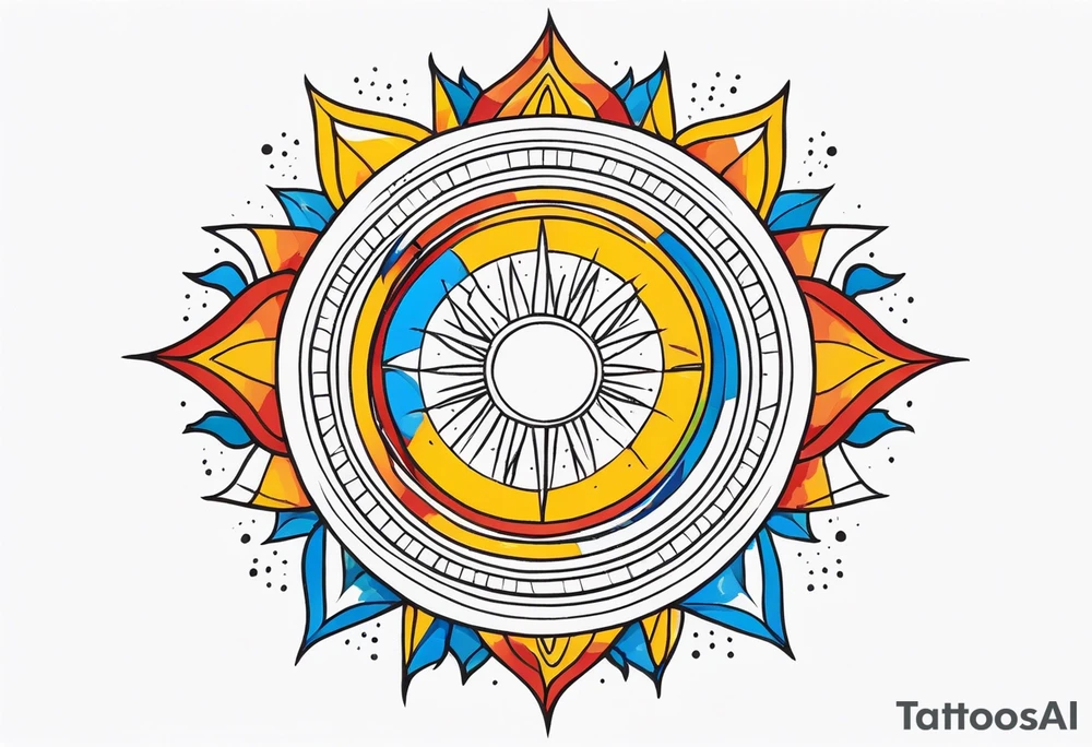 sunburst with yellow, orange, red, and blue colors tattoo idea