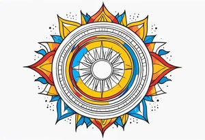 sunburst with yellow, orange, red, and blue colors tattoo idea