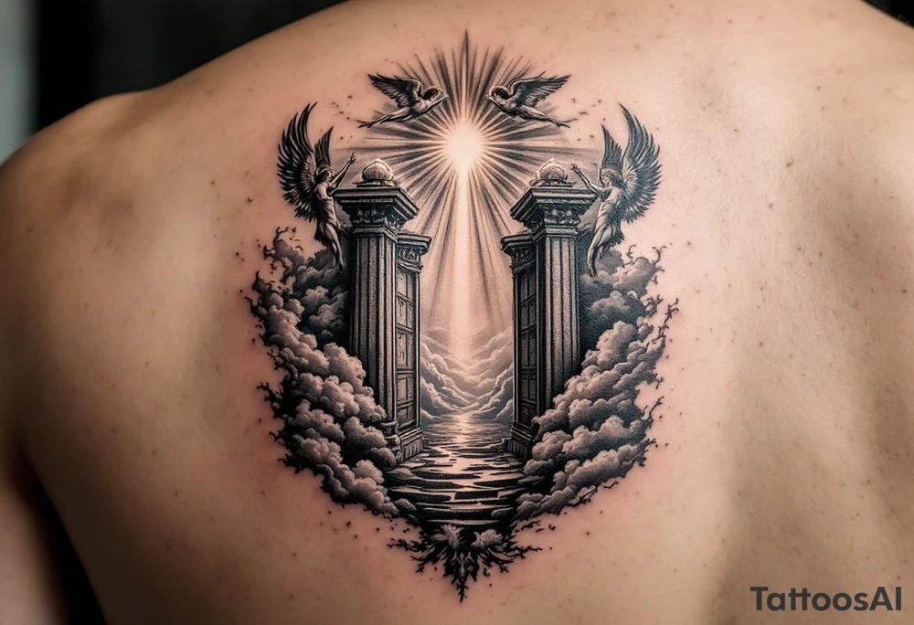 gates of heaven surrounded by angels clouds and rays of light tattoo idea