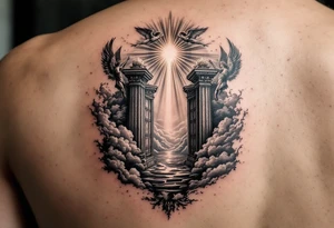 gates of heaven surrounded by angels clouds and rays of light tattoo idea