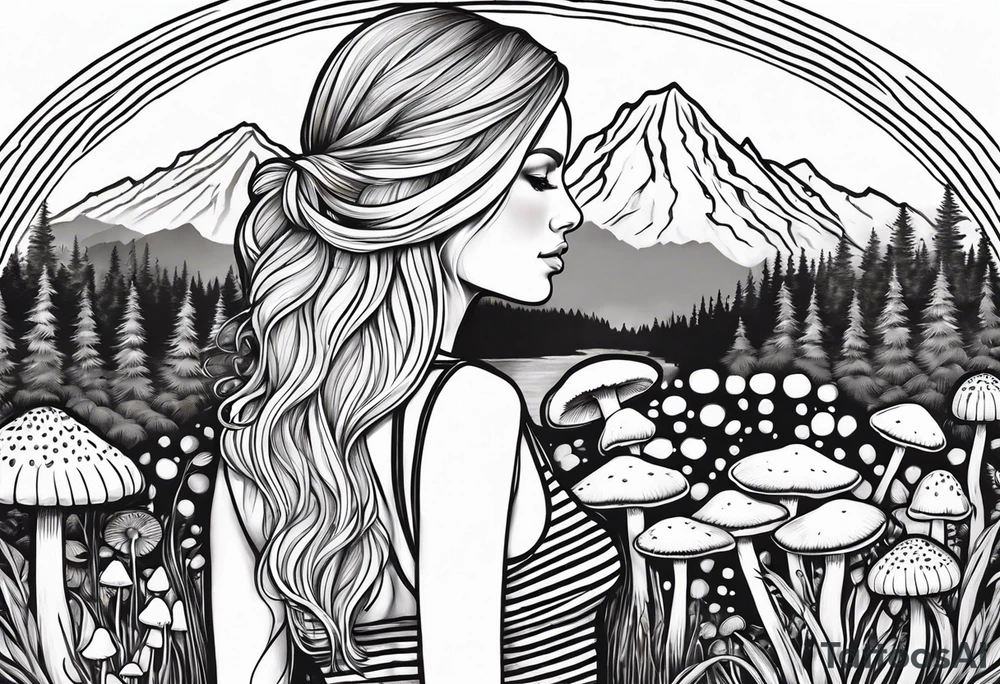 Straight blonde hair girl holding mushrooms in hand facing away toward mountains surrounded by mushrooms circular design black and white striped dress tattoo idea