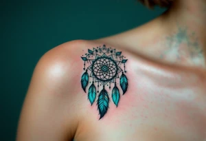 A turquoise dreamcatcher symbol with feathers and protective glyphs woven into the web tattoo idea