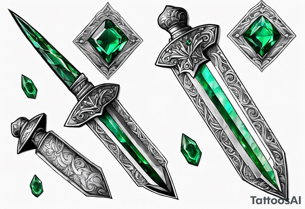 An athame dagger with the hilt turned upward and an emerald gemstone on the hilt not on the blade tattoo idea