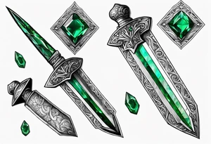 An athame dagger with the hilt turned upward and an emerald gemstone on the hilt not on the blade tattoo idea