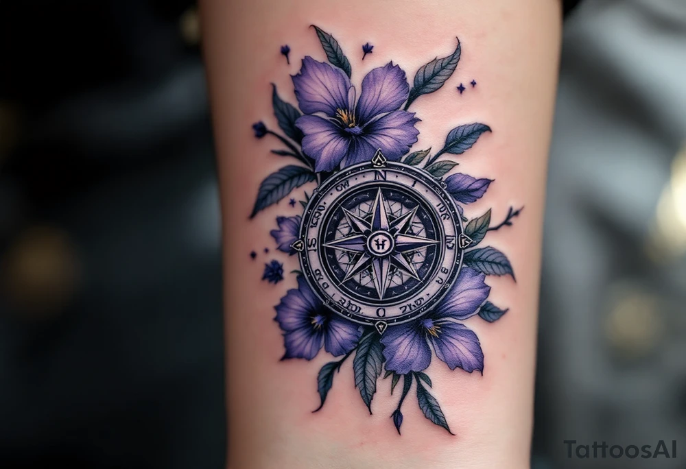 A single Violet with detailed compass at its center representing feminine power including an ankh and Celtic knot tattoo idea