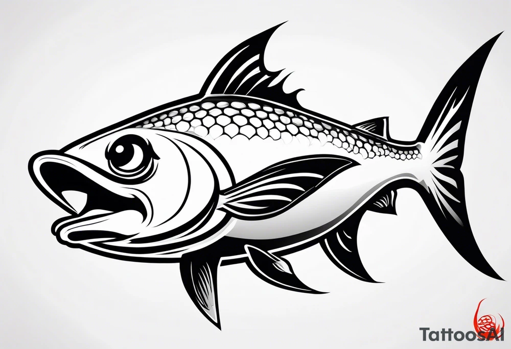 a cartoon fish with sharp, pointed fins and a streamlined body. Its eyes are narrowed with intense, angry brows, and its mouth is twisted into a snarl, showing sharp teeth. The overall appearance is aggressive and intimidating, conveyed through stark black and white contrasts. tattoo idea