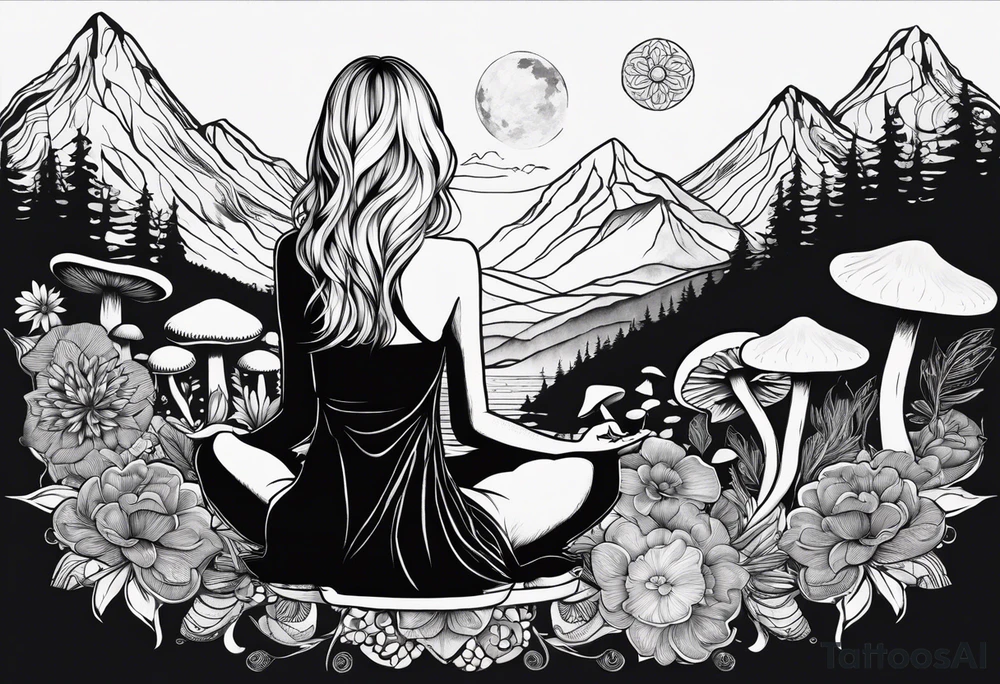 Straight blonde hair girl meditating facing away toward mountains surrounded by mushrooms crescent moon mandala circular design black and white striped dress tattoo idea