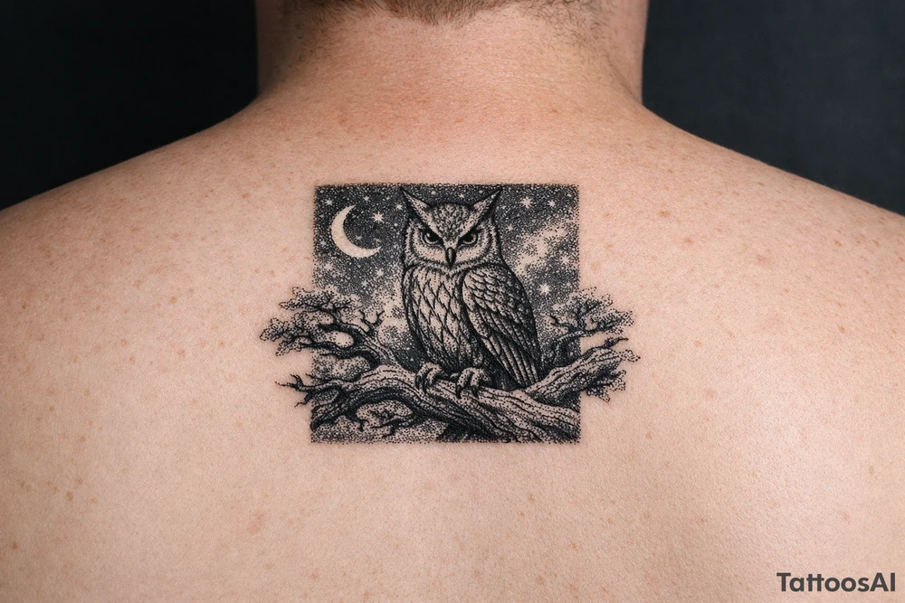wise owl perched on ancient oak branch under starlit sky tattoo idea