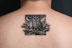 wise owl perched on ancient oak branch under starlit sky tattoo idea