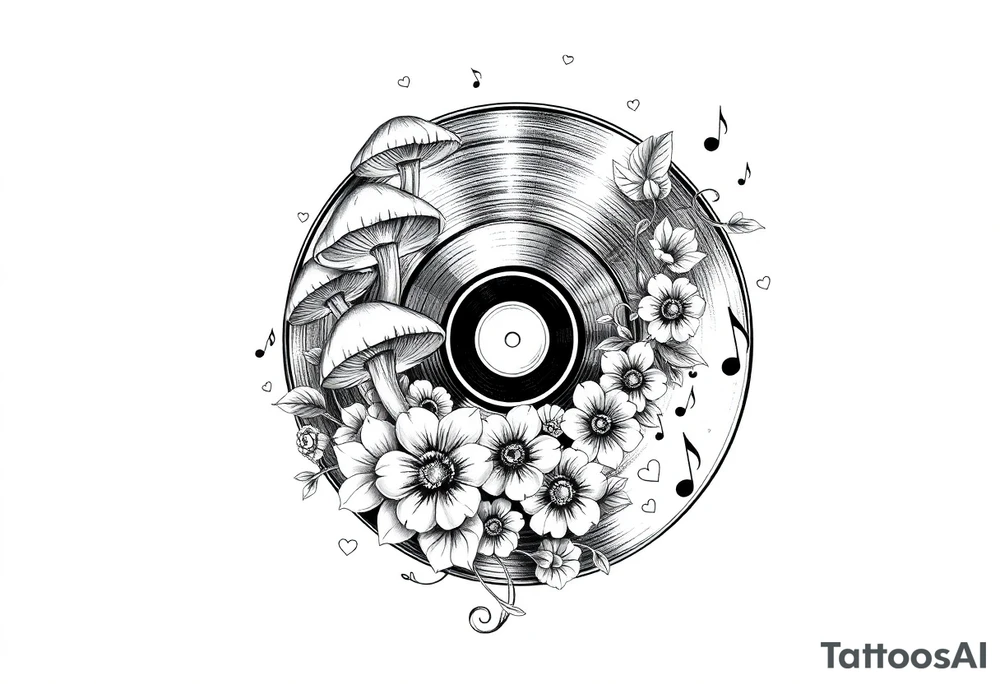 vinyl record with mushrooms, flowers, hearts, and music notes tattoo idea