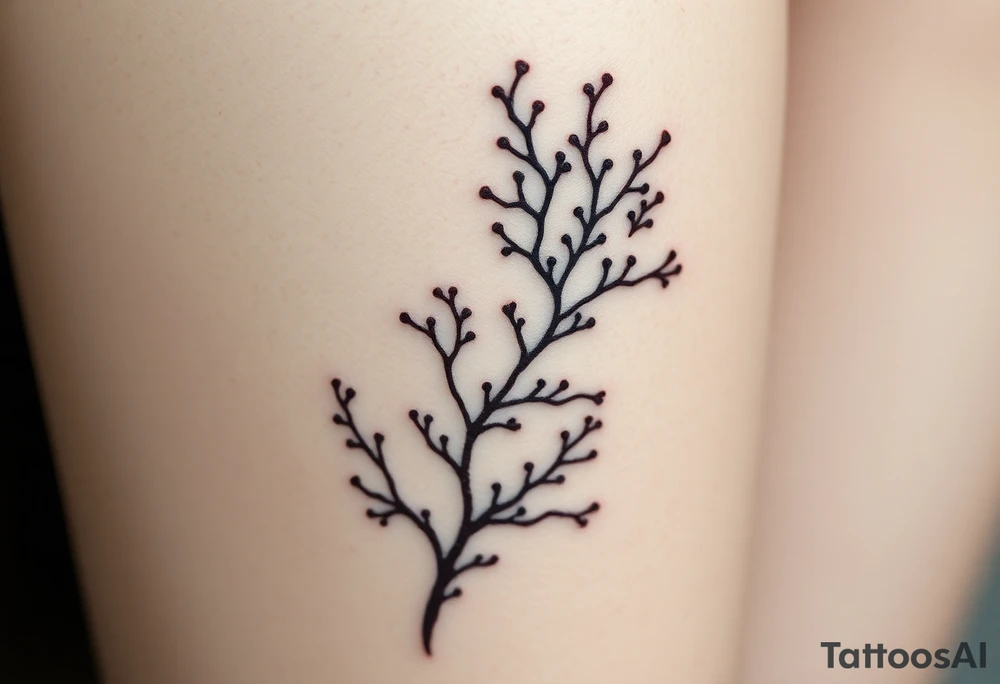 Photorealistic tattoo design of Asparagopsis taxiformis red algae, detailed texture, natural branching pattern, underwater appearance, suitable for calf placement, flowing upward” tattoo idea