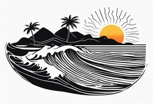 Hawaian beach with a big sun and many small waves, only black and white tattoo idea
