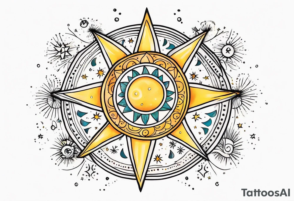 mexican sun stars and moon. Mirrored with swirls and dots and stars tattoo idea
