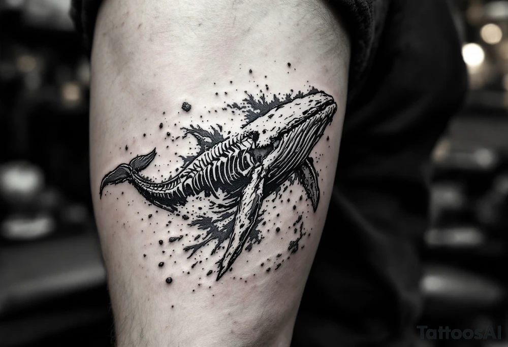 I press on toward the goal for the prize of the upward call of God in Christ Jesus. represented by a whale moving upwards. idea is basically a whale that's damaged and torn exposing the skeletal innerts, but it's still fiercely moving forward as hard as it can. tattoo idea