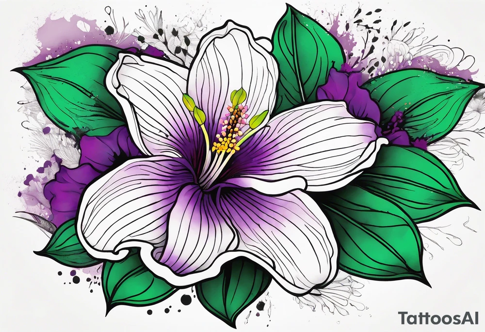 An outline of a rio dipladenia flower with a green and purple watercolor splash in the background tattoo idea