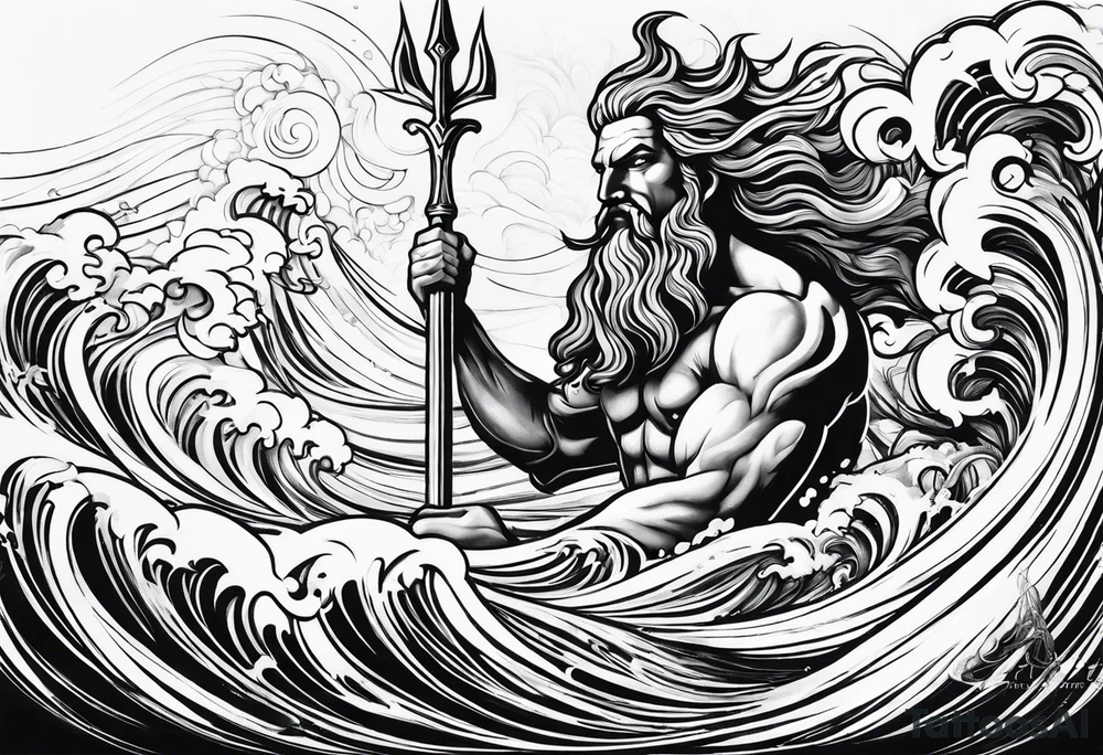 Poseidon raising trident with waves tattoo idea