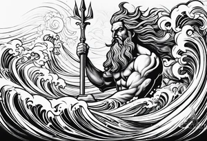 Poseidon raising trident with waves tattoo idea
