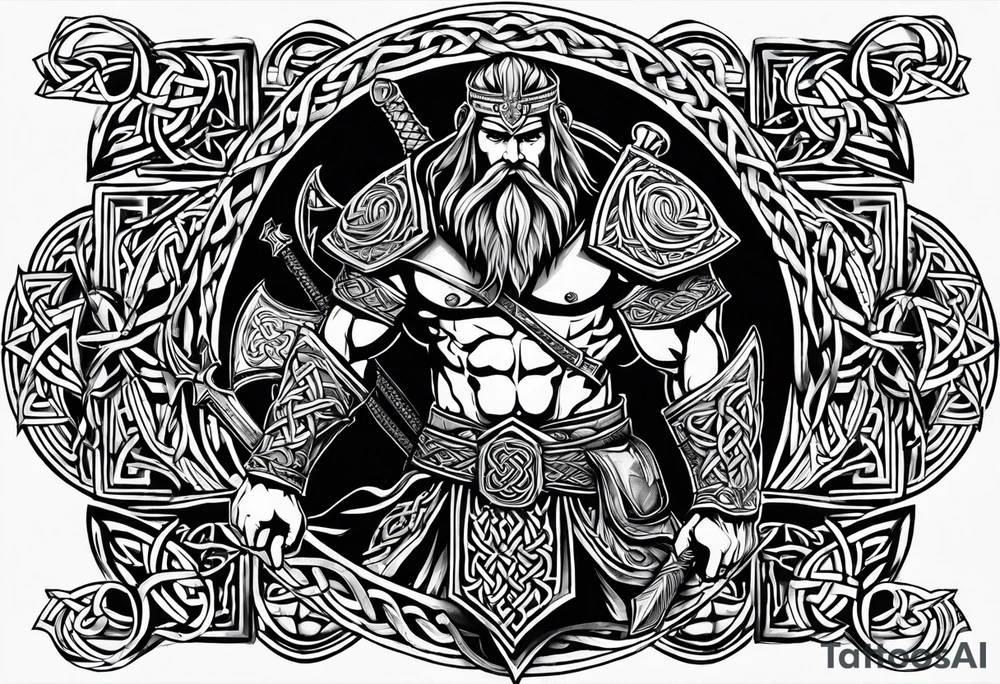 Wide shot of a Celtic warrior with weapons unsheathed tattoo idea