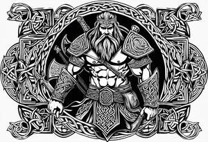 Wide shot of a Celtic warrior with weapons unsheathed tattoo idea