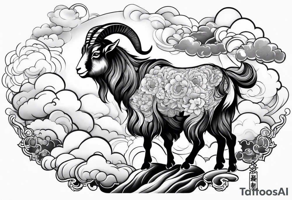 full body goat with kumo clouds in traditional Japanese art style tattoo idea