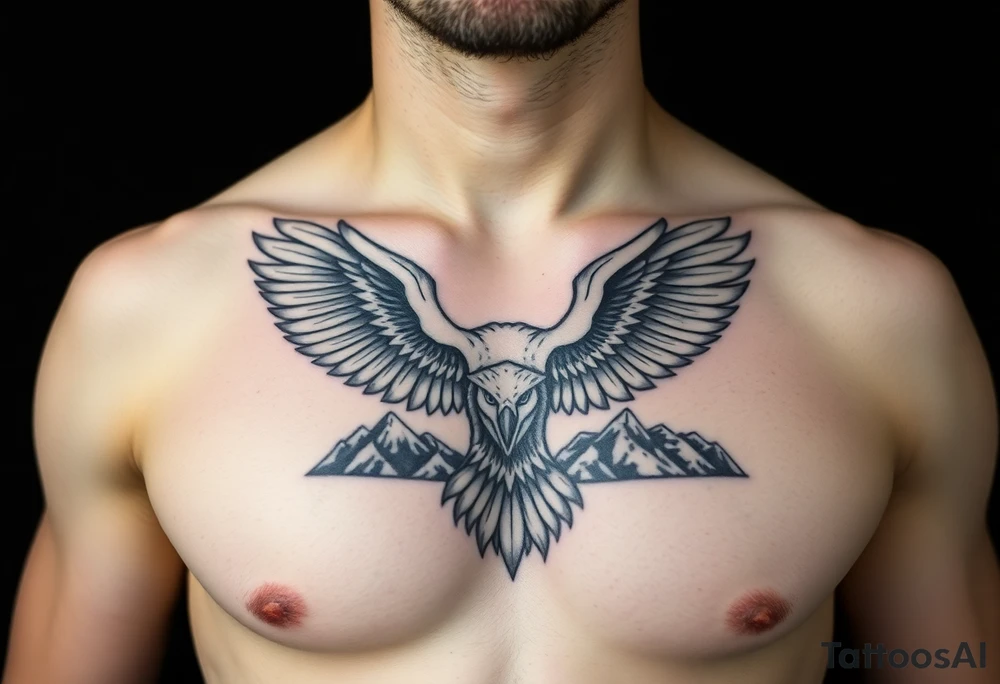 majestic eagle spreading wings against mountain peaks tattoo idea