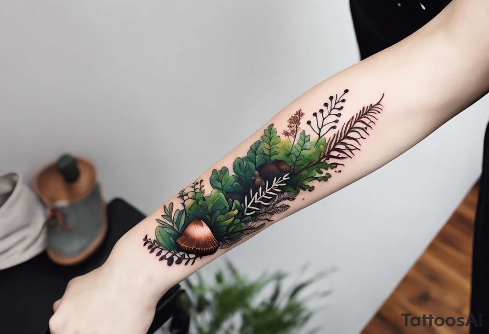minimalistic forest floor inspired tattoo, which includes grass, moss, curly ferns and dead leaves as the bulk of the tattoo. details to include: forest berries, couple of very small brown mushrooms, a tiny bumblebee flying nearby tattoo idea
