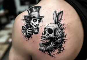 The mad hatter pouring tea on the white rabbit with an open skull tattoo idea