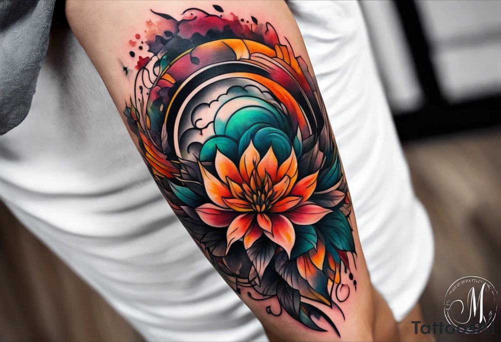 Knee tattoo in fall colors with water flow washes tattoo idea