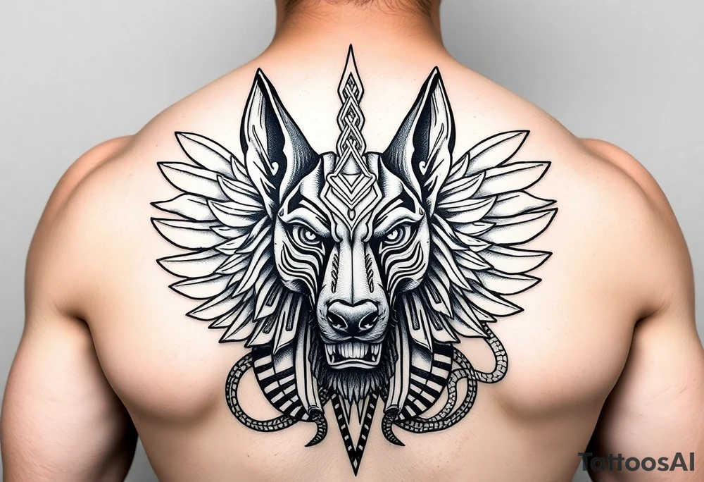 Egyptian Anubis god face muscle in Egypt style dog face surrounded Egyptian symbols and snakes full back tattoo idea