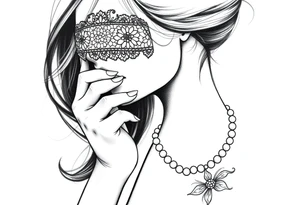 Black and white profile of woman with chin pressed on hand, lace covering  her eyes while sucking 
 on pearl necklace tattoo idea