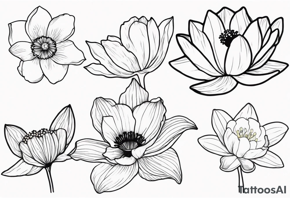 Poppy, water Lilly, Lilly of the valley, daffodil, cosmos tattoo idea