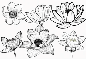 Poppy, water Lilly, Lilly of the valley, daffodil, cosmos tattoo idea