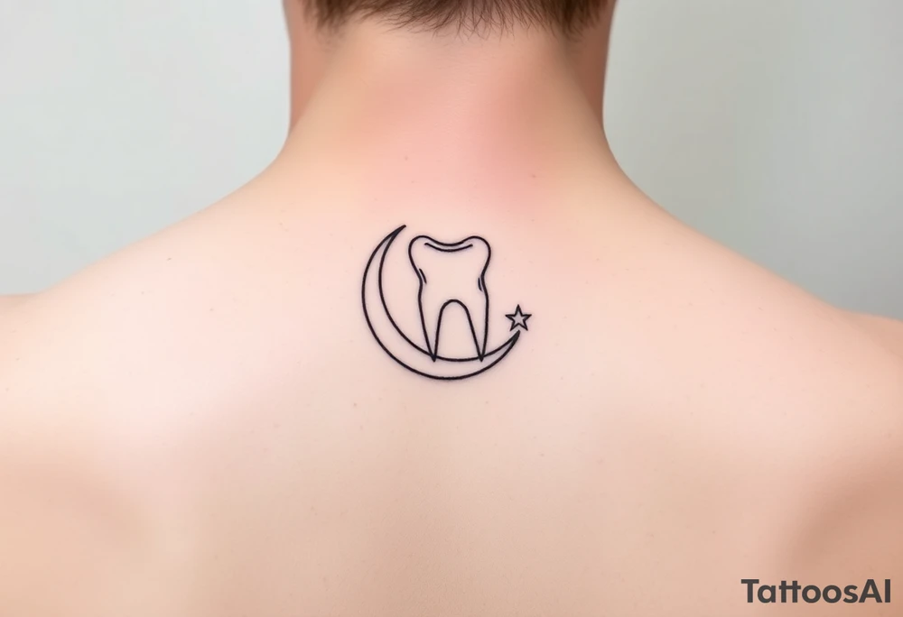 Delicate line-art molar tooth resting on a slender crescent moon with a tiny star at the tip, very fine outlines, almost no shading, subtle and graceful tattoo idea